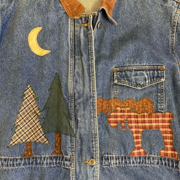 Vintage Cabincore Denim Barn Jacket with Moose cabin and tree Accents, size XL - Picture 3 of 7